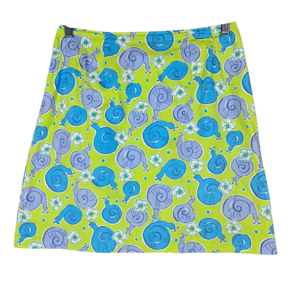 Lilly Pulitzer A-Line Skirt Womens 4 Green Blue Snail Shell Print Cotton Mini